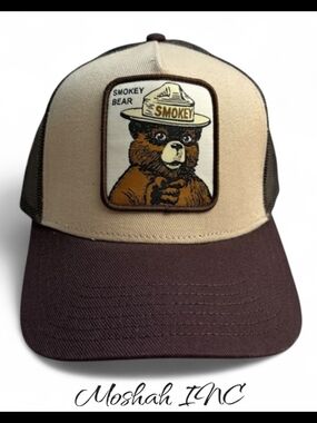 SMOKEY BEAR Brown Fabric Patch Mesh-Back Cap Hat Adjustable Snap Back